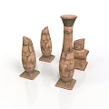 Ancient Stone Sculpture Carvings with Textured Surfaces and Various Shapes on Square Bases