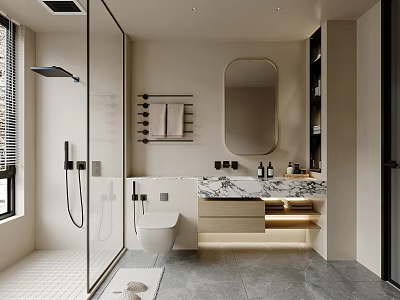 Modern Bathroom Interior With Glass Shower Toilet Marble Vanity Round Mirror And Towel Rack 3d model
