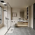 Modern Bathroom Interior With Glass Shower Toilet Marble Vanity Round Mirror And Towel Rack