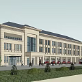Modern Fire Station Exterior With Red Fire Engines And Green Lawn