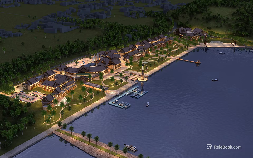 Aerial View Master Plan Waterfront Resort Complex With Marina Boats Palms And Green Spaces 3d model 