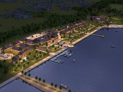 Aerial View Master Plan Waterfront Resort Complex With Marina Boats Palms And Green Spaces 3d model