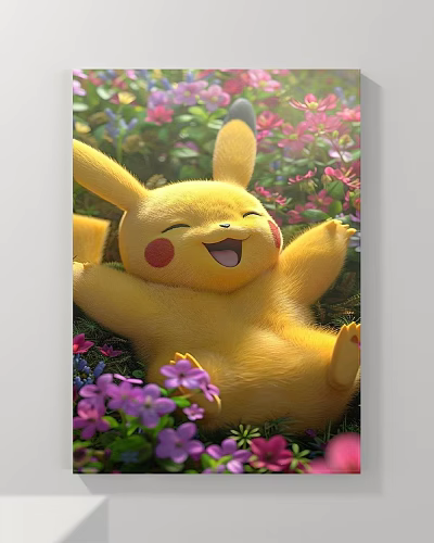 Vibrant Landscape Painting Featuring Yellow Smiling Pikachu Lying Among Purple Pink Blooms and Green Foliage 3d model