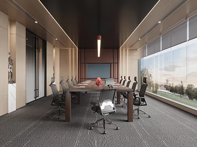 Modern Conference Room With Long Table Ergonomic Chairs Large Windows And Pendant Light 3d model