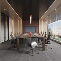 Modern Conference Room With Long Table Ergonomic Chairs Large Windows And Pendant Light