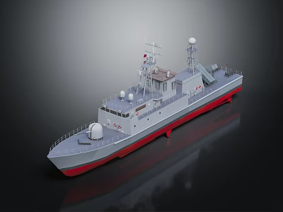 Modern Gray Warship with Red Bottom Radar Antennas on Dark Background 3d model