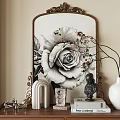 Decorative Ornament Set With Golden Framed Mirror Rose Art White Vase And Sculpture