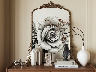 Decorative Ornament Set With Golden Framed Mirror Rose Art White Vase And Sculpture 3d model