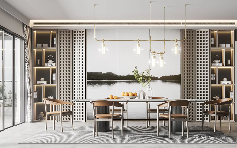 Modern Restaurant Interior With Dining Table Chairs Pendant Lights Shelves And Landscape Painting 3d model 