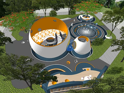 Modern Outdoor Landscape With Circular White Orange Structures And Greenery Trees Flowers 3d model