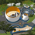 Modern Outdoor Landscape With Circular White Orange Structures And Greenery Trees Flowers 3d model