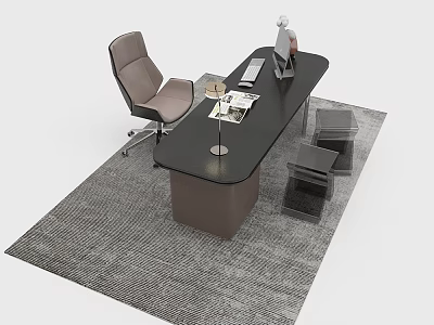Modern Black Office Desk With Lamp Laptop Documents On Gray Rug And Brown Chair 3d model