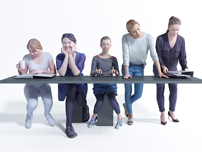Five People Sitting and Standing Around Long Table With Books and Cup on White Background 3d model