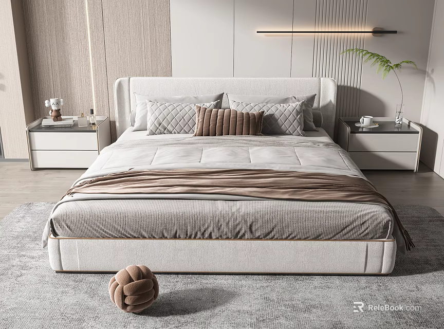 Double Bed In Modern Bedroom With White Headboard Gray Brown Pillows Soft Bedspread And Nightstands 3d model 