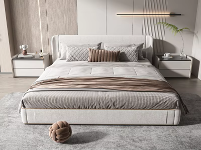 Double Bed In Modern Bedroom With White Headboard Gray Brown Pillows Soft Bedspread And Nightstands 3d model
