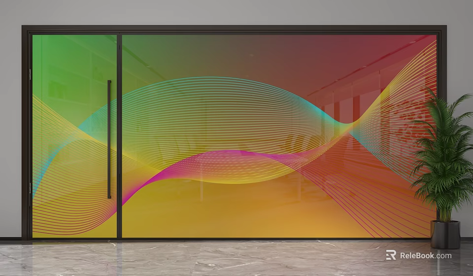 Colorful Glass Partition With Wavy Lines Design For Modern Interior Space 3d model 