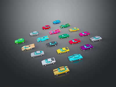 Colorful Small Toy Cars Arranged in Circle on Dark Background 3d model