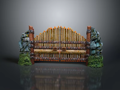 Rustic Wooden Gate With Vertical Slats Stone Pillars Orange Accents And Greenery 3d model