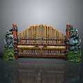 Rustic Wooden Gate With Vertical Slats Stone Pillars Orange Accents And Greenery
