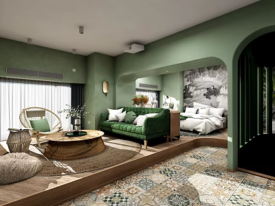 Cozy Interior Design With Green Sofa Bed Colorful Tile Floor And Arched Doorway 3d model