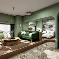 Cozy Interior Design With Green Sofa Bed Colorful Tile Floor And Arched Doorway