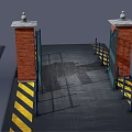 Entrance Gate With Brick Pillars Black Iron Design And Yellow Warning Stripes On Ground
