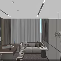 Elegant Modern Office Interior Design With Sofa Coffee Table Hanging Lights And Glass Railing