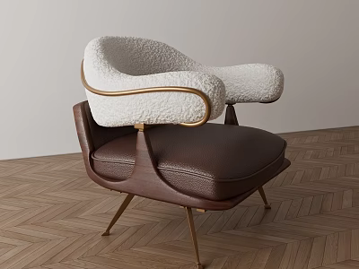 Modern Single Sofa With White Fluffy Backrest Brown Leather Seat And Golden Metal Legs 3d model
