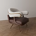 Modern Single Sofa With White Fluffy Backrest Brown Leather Seat And Golden Metal Legs