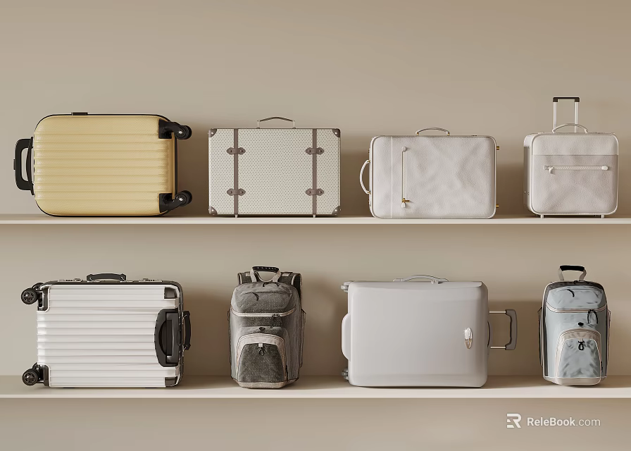 Various Stylish Luggage Pieces Displayed on Shelf with Different Colors and Designs 3d model 