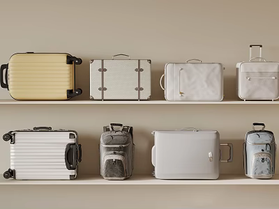 Various Stylish Luggage Pieces Displayed on Shelf with Different Colors and Designs 3d model