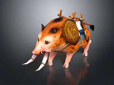 Wild Boar With Decorative Saddle Golden Circular Plate And Wooden Structure 3d model