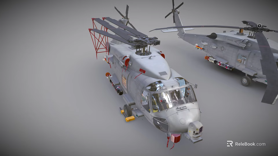 Two Gray Military Helicopters With Rotors And Detailed Equipment On 3d model 