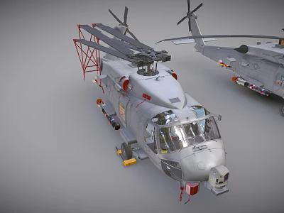 Two Gray Military Helicopters With Rotors And Detailed Equipment On 3d model