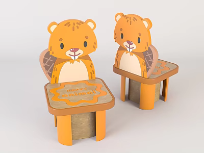 Cute Cartoon Bear Design Children's Chairs with Sturdy Wood Grain Seat for Kids 3d model