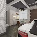 Modern Garage Interior With White Sports Car Bicycle Chandelier Wooden Shelves And Brick Wall