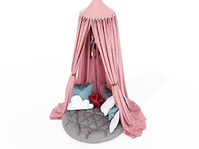 Pink Canopy Children's Bed with Gray Mattress and Star Cloud Shaped Cushions 3d model