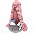 Pink Canopy Children's Bed with Gray Mattress and Star Cloud Shaped Cushions