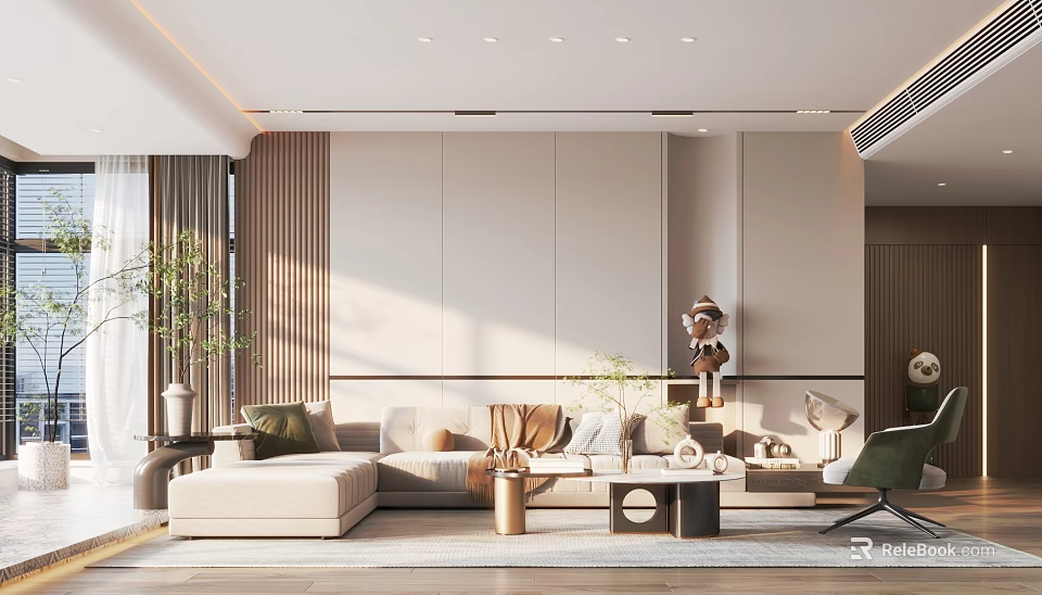 Modern Living and Dining Room Interior With Light Colored Sofa Coffee Table and Potted Plant 3d model 