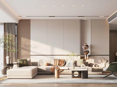 Modern Living and Dining Room Interior With Light Colored Sofa Coffee Table and Potted Plant 3d model
