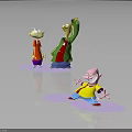 Three Cartoon Characters And Small Animal In 3D Render With Various Poses And Bright Outfits