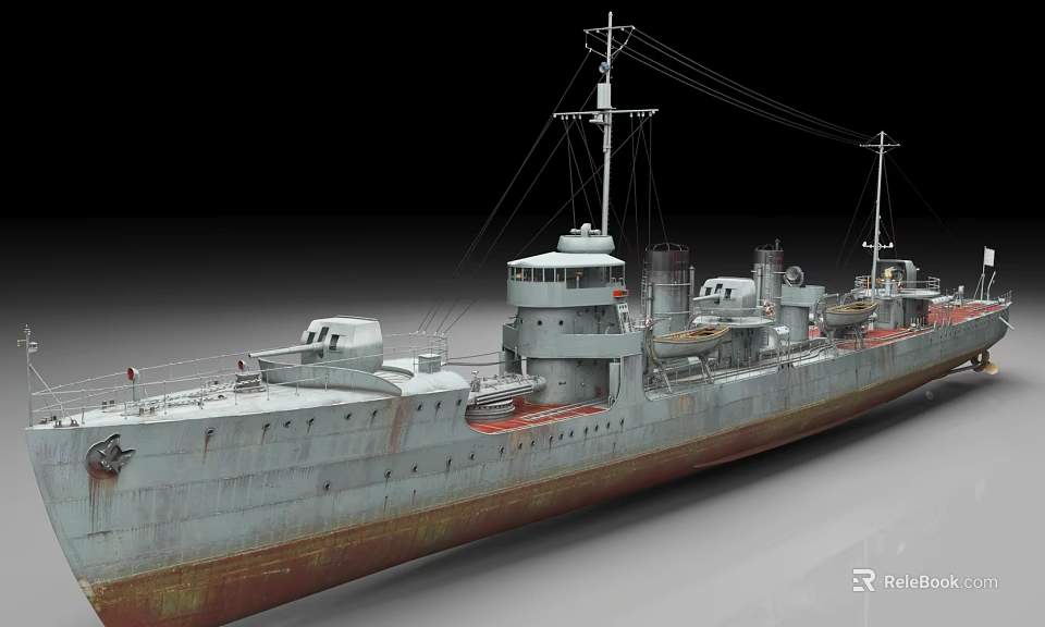 Detailed Warship Model With Gray Hull Red Bottom And Superstructure On 3d model 