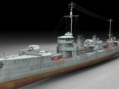 Detailed Warship Model With Gray Hull Red Bottom And Superstructure On 3d model