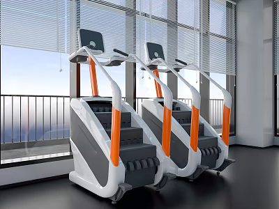 Stair Climber Exercise Equipment With White And Orange Design In Modern Gym With Large Windows 3d model