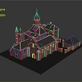 Gothic Style Ancient Architecture Model With Spire Towers Stone Walls And Multiple Roofs