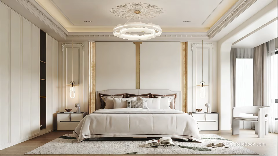 Luxurious Bedroom Interior With Ceiling Decoration Modern Chandelier And Elegant Headboard Nightstands Soft Rug 3d model 