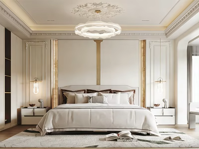 Luxurious Bedroom Interior With Ceiling Decoration Modern Chandelier And Elegant Headboard Nightstands Soft Rug 3d model