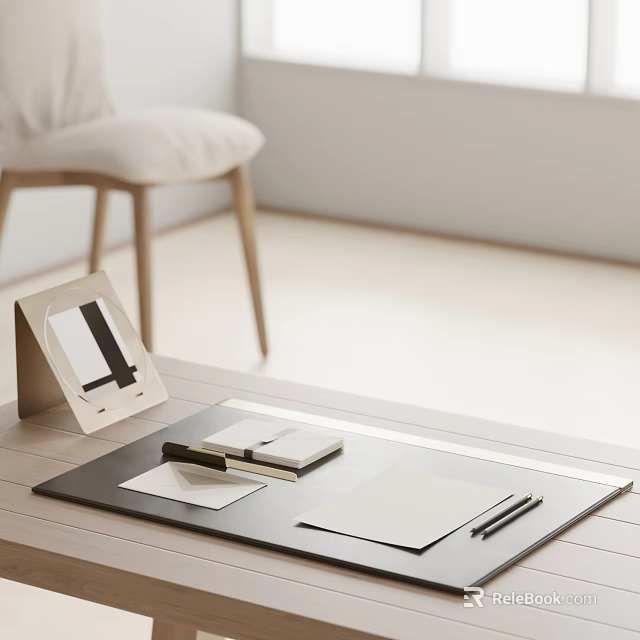 Minimalist Desk Workspace With Folding Frame Notebook And Pens In Bright Interior 3d model