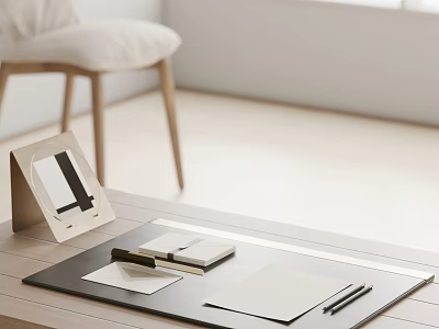 Minimalist Desk Workspace With Folding Frame Notebook And Pens In Bright Interior 3d model