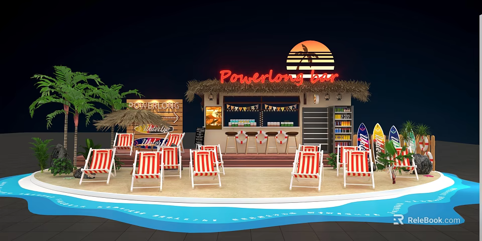 Powerland Bar With Thatched Roof Sunset Sign Red White Striped Chairs Pool And Surfboards 3d model 
